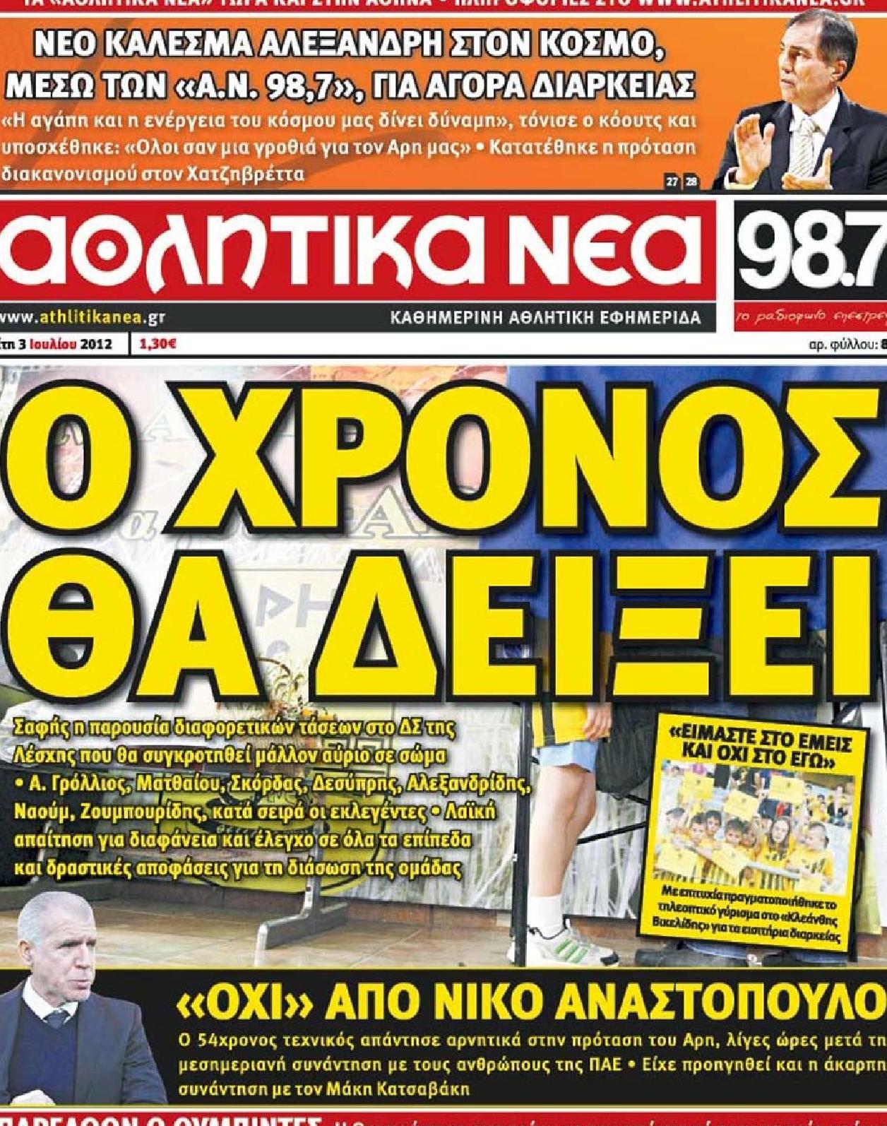Εξώφυλο εφημερίδας ΑΘΛΗΤΙΚΑ ΝΕΑ 2012-07-03
