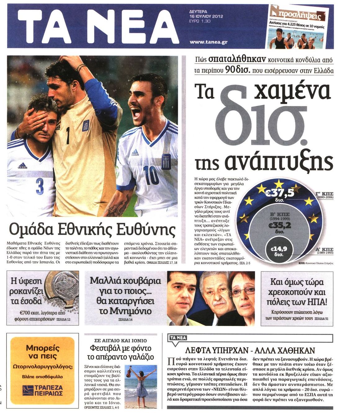 Εξώφυλο εφημερίδας ΤΑ ΝΕΑ 2012-07-16