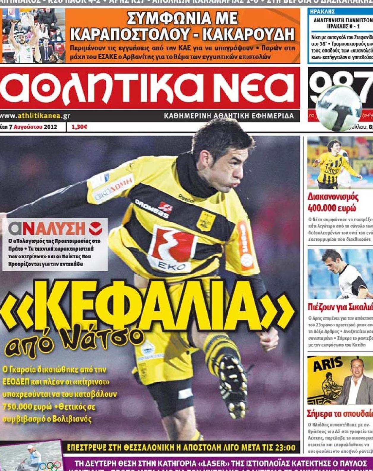 Εξώφυλο εφημερίδας ΑΘΛΗΤΙΚΑ ΝΕΑ 2012-08-07