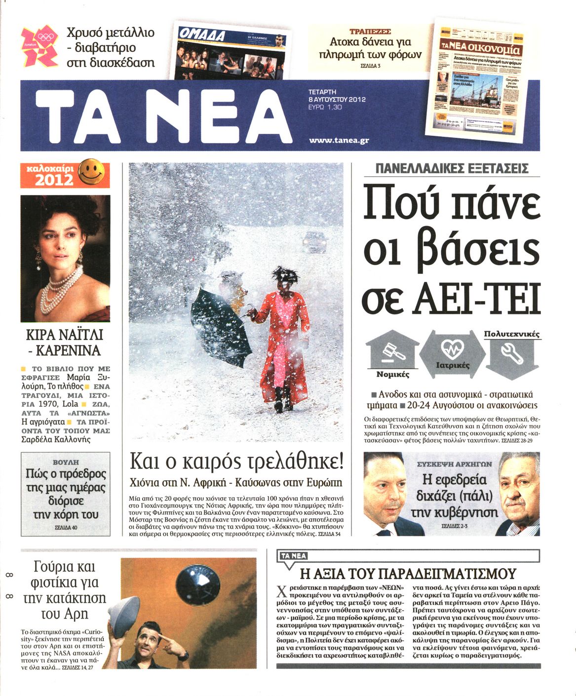 Εξώφυλο εφημερίδας ΤΑ ΝΕΑ 2012-08-08