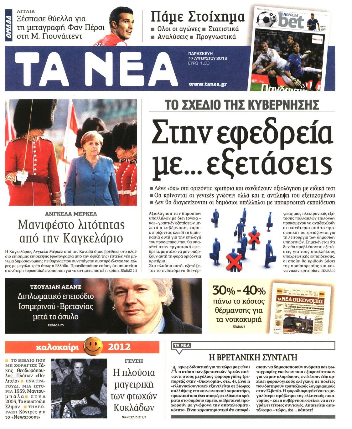Εξώφυλο εφημερίδας ΤΑ ΝΕΑ 2012-08-17