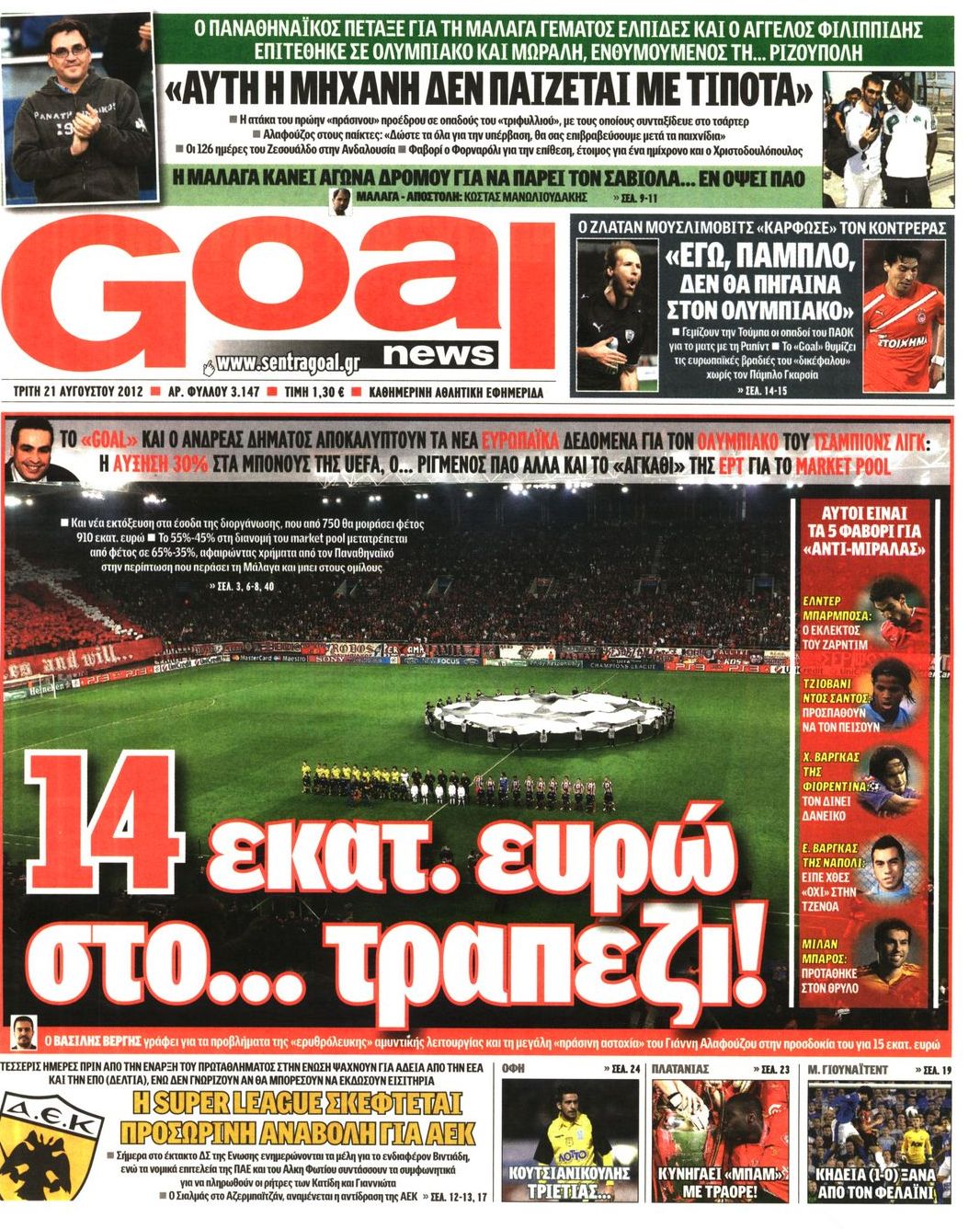 Εξώφυλο εφημερίδας GOAL 2012-08-21