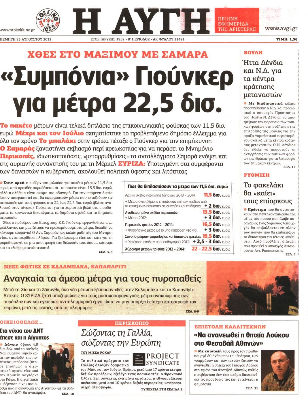 Εξώφυλο εφημερίδας ΑΥΓΗ 2012-08-23