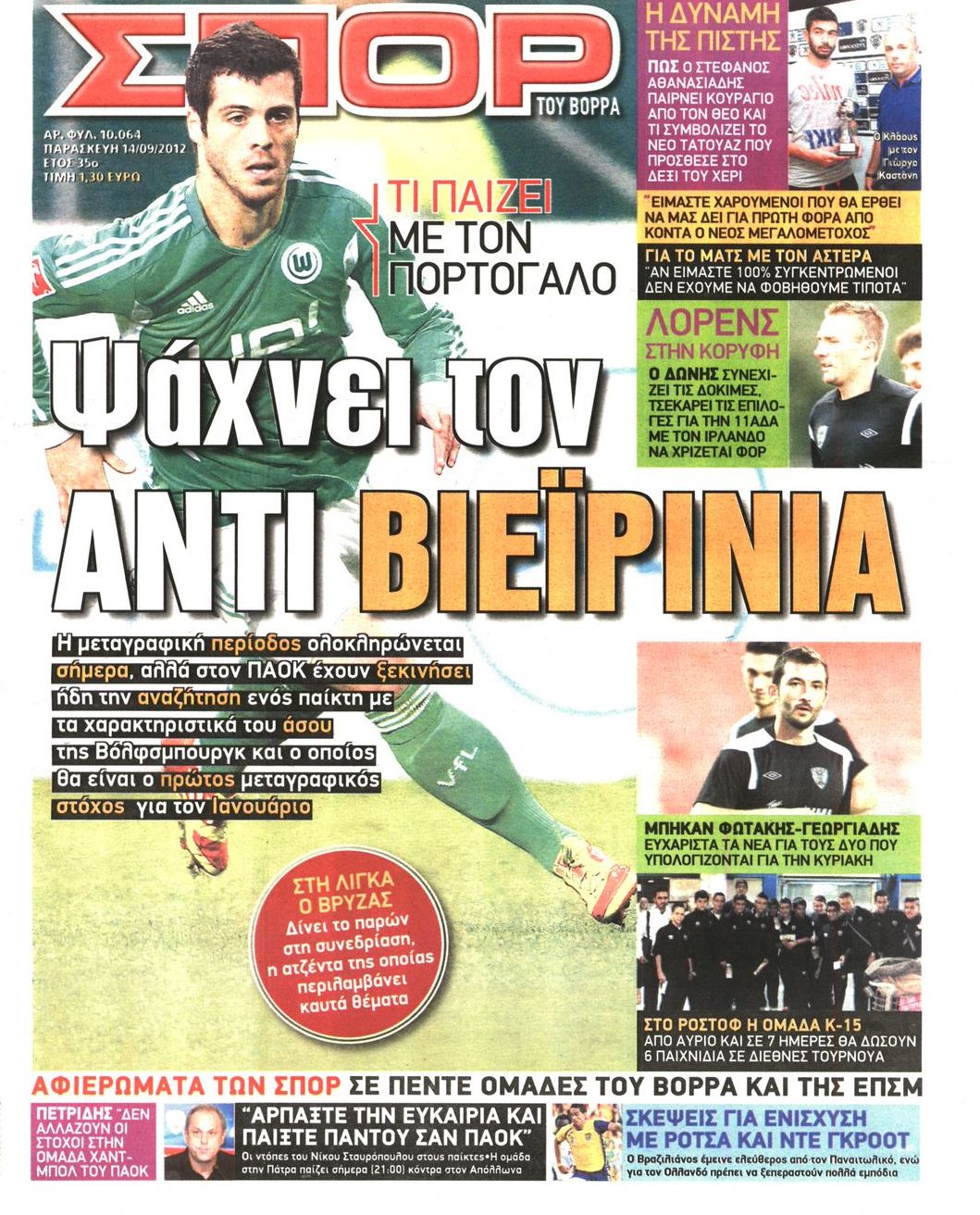 Εξώφυλο εφημερίδας ΣΠΟΡ ΤΟΥ ΒΟΡΡΑ 2012-09-14