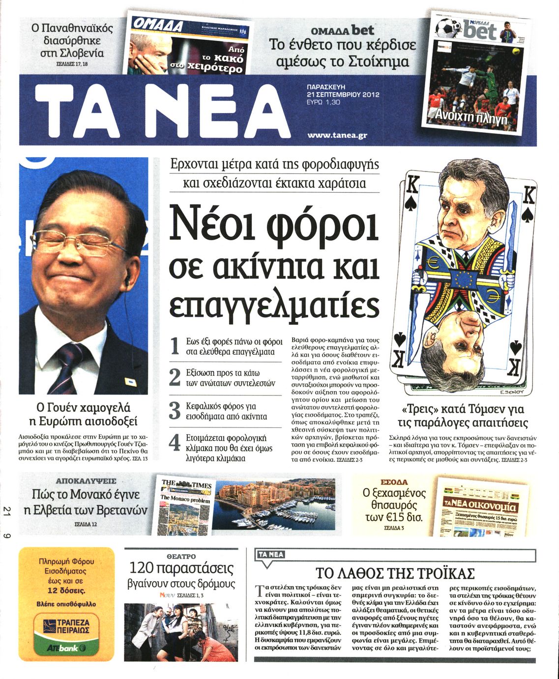 Εξώφυλο εφημερίδας ΤΑ ΝΕΑ 2012-09-21