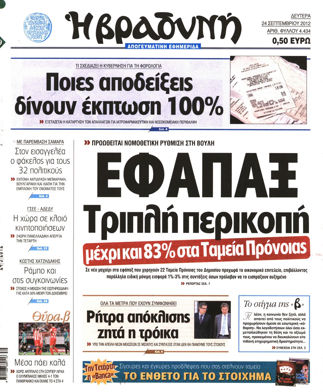 Εξώφυλο εφημερίδας ΒΡΑΔΥΝΗ 2012-09-24