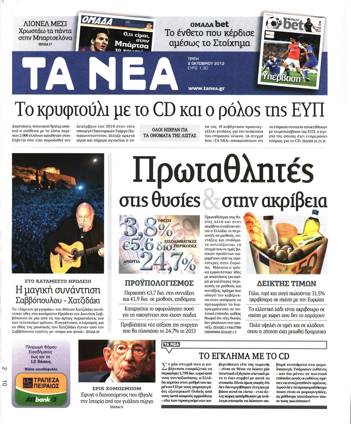 Εξώφυλο εφημερίδας ΤΑ ΝΕΑ 2012-10-02