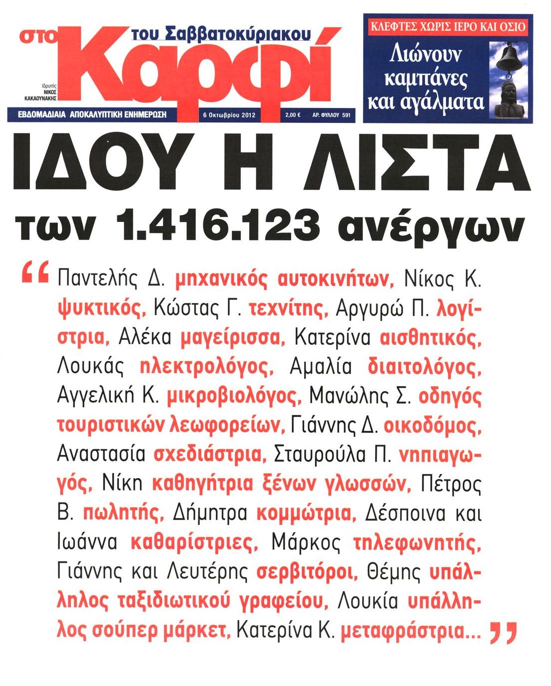 Εξώφυλο εφημερίδας ΚΑΡΦΙ 2012-10-06