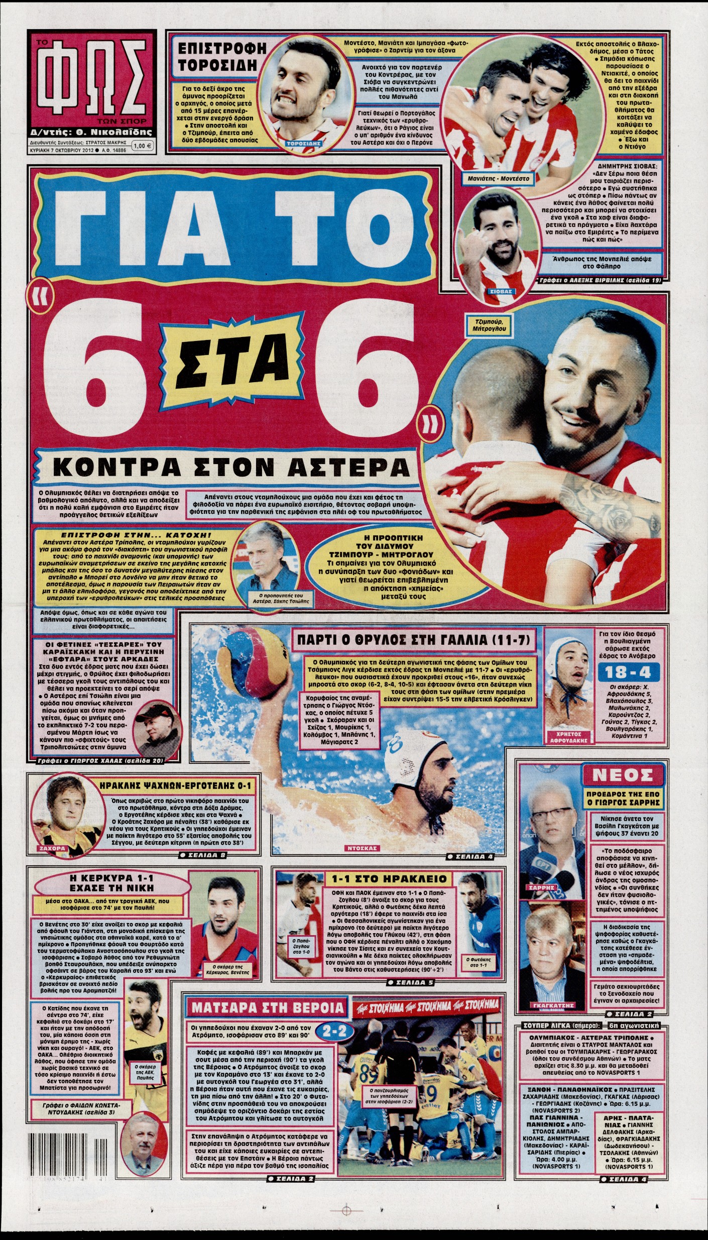 Εξώφυλο εφημερίδας ΦΩΣ ΤΩΝ ΣΠΟΡ 2012-10-07