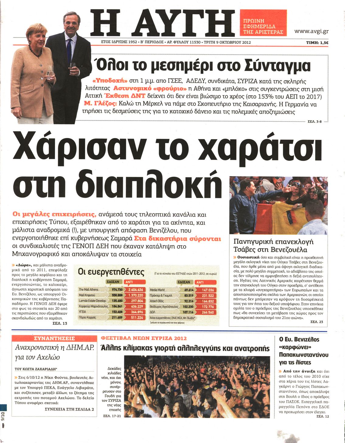 Εξώφυλο εφημερίδας ΑΥΓΗ 2012-10-09