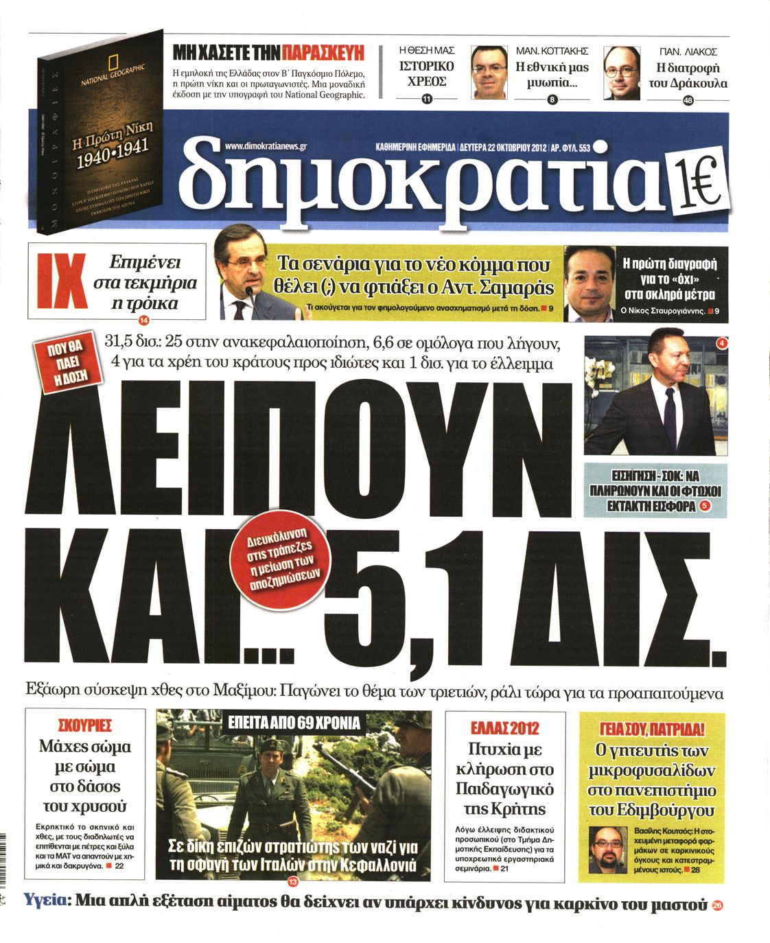 Εξώφυλο εφημερίδας ΔΗΜΟΚΡΑΤΙΑ 2012-10-22