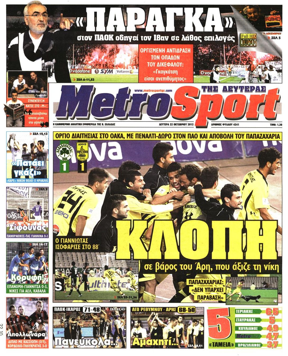 Εξώφυλο εφημερίδας METROSPORT 2012-10-22