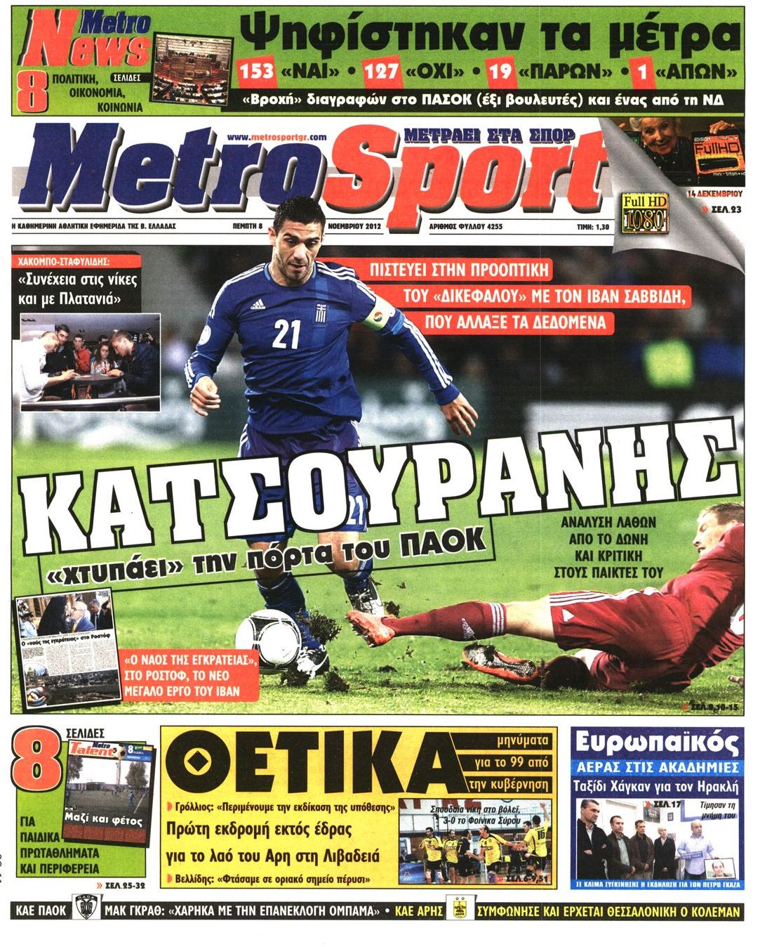 Εξώφυλο εφημερίδας METROSPORT 2012-11-08