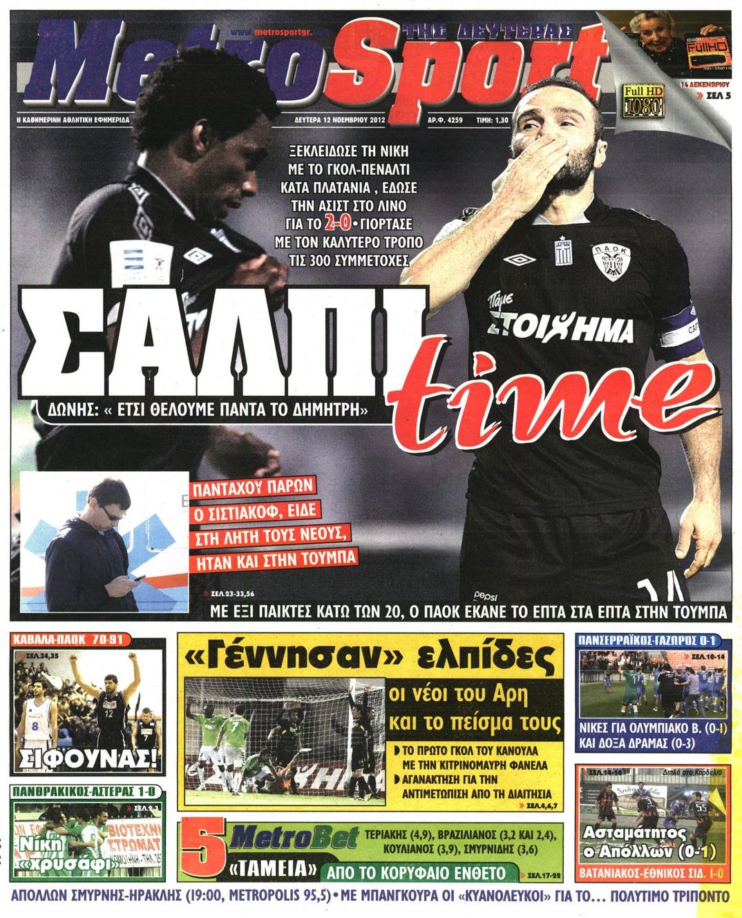 Εξώφυλο εφημερίδας METROSPORT 2012-11-12