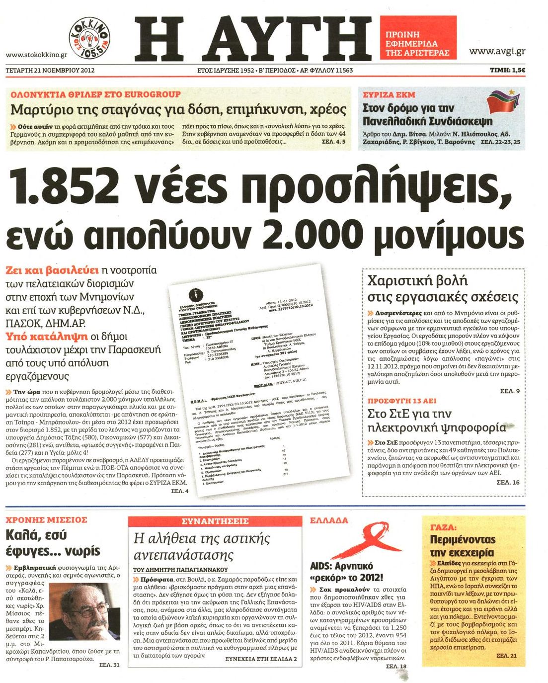 Εξώφυλο εφημερίδας ΑΥΓΗ 2012-11-21