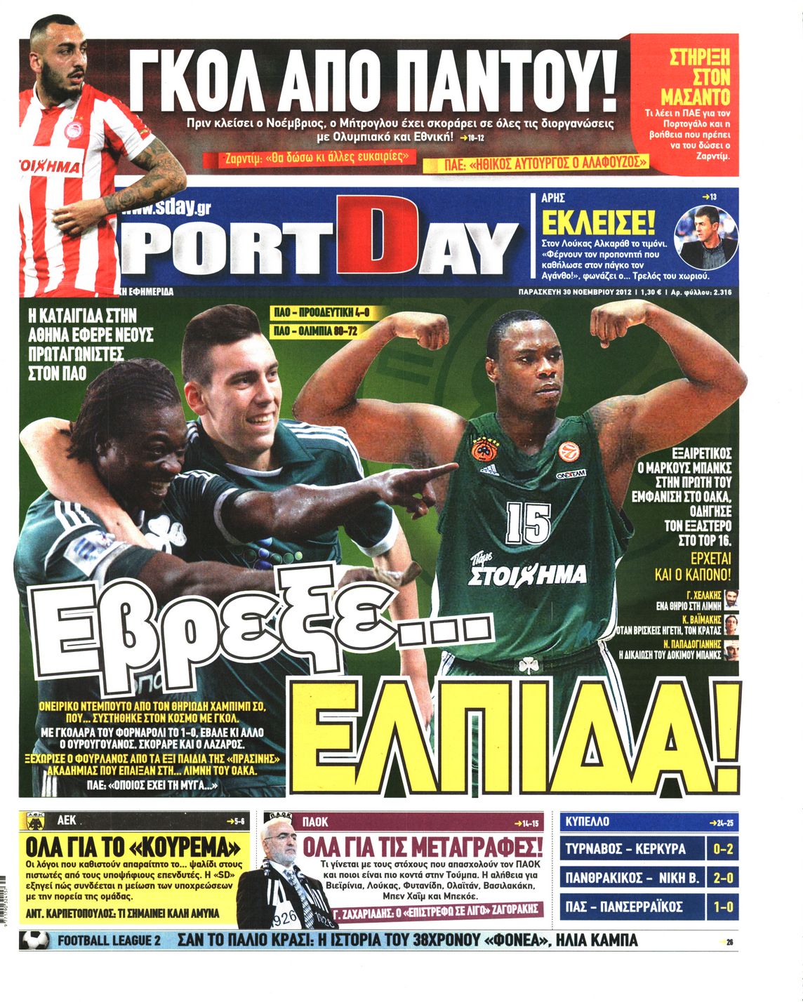 Εξώφυλο εφημερίδας SPORTDAY 2012-11-30