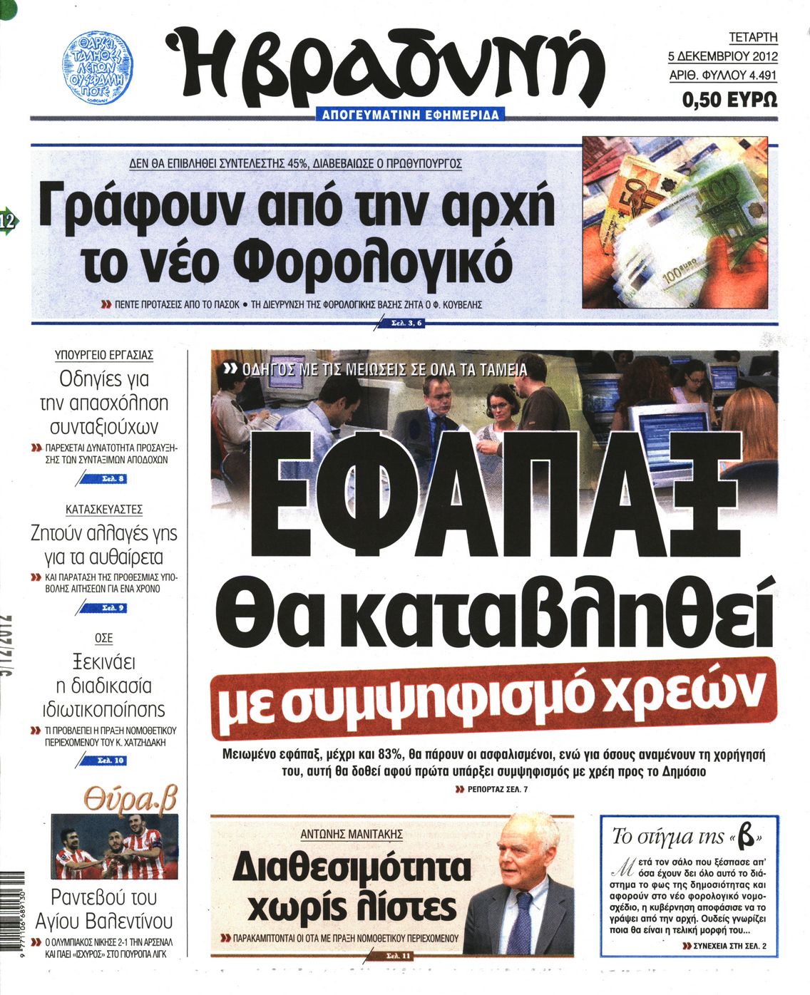 Εξώφυλο εφημερίδας ΒΡΑΔΥΝΗ 2012-12-05