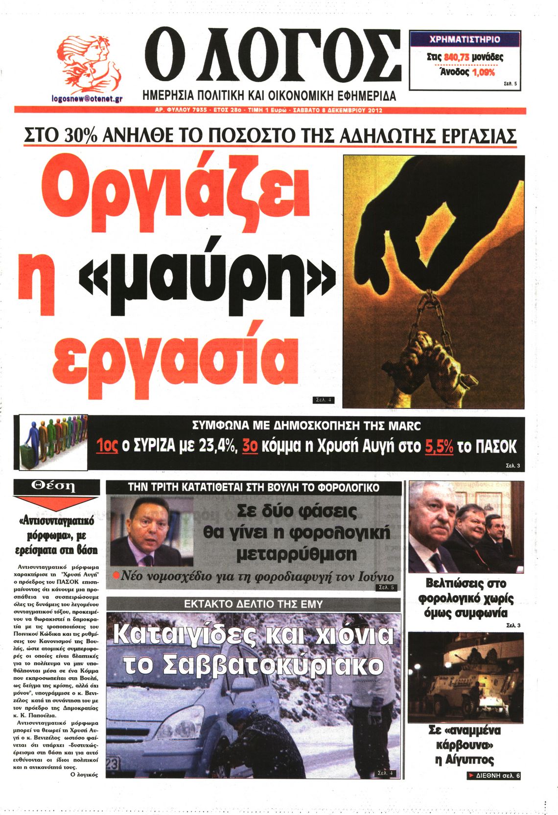 Εξώφυλο εφημερίδας Ο ΛΟΓΟΣ 2012-12-08