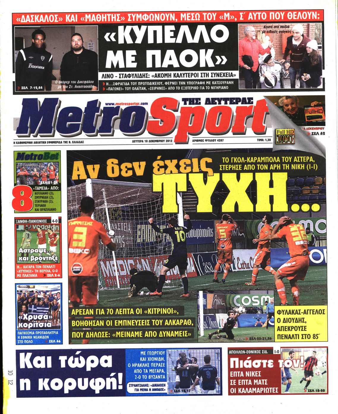 Εξώφυλο εφημερίδας METROSPORT 2012-12-10