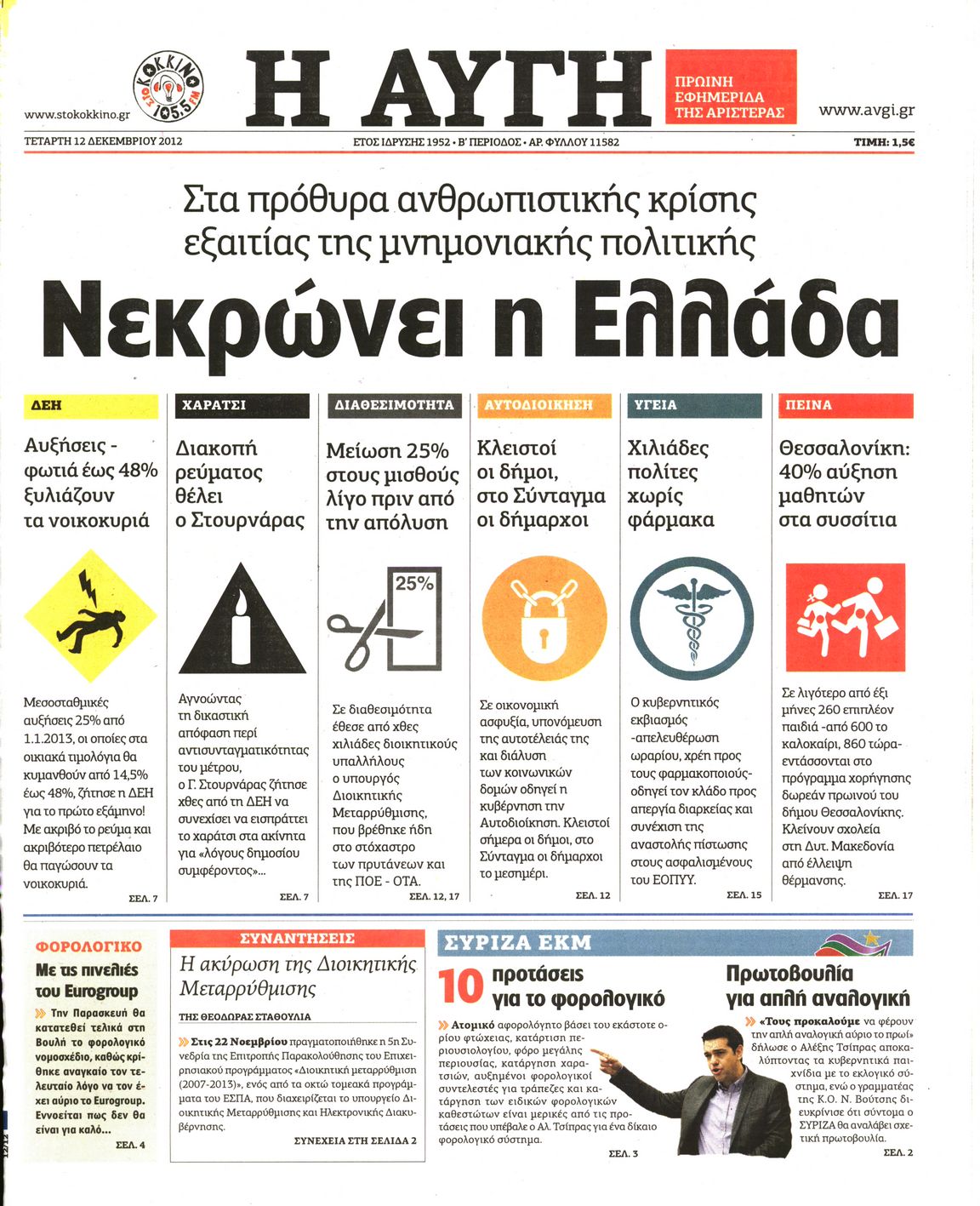 Εξώφυλο εφημερίδας ΑΥΓΗ 2012-12-12