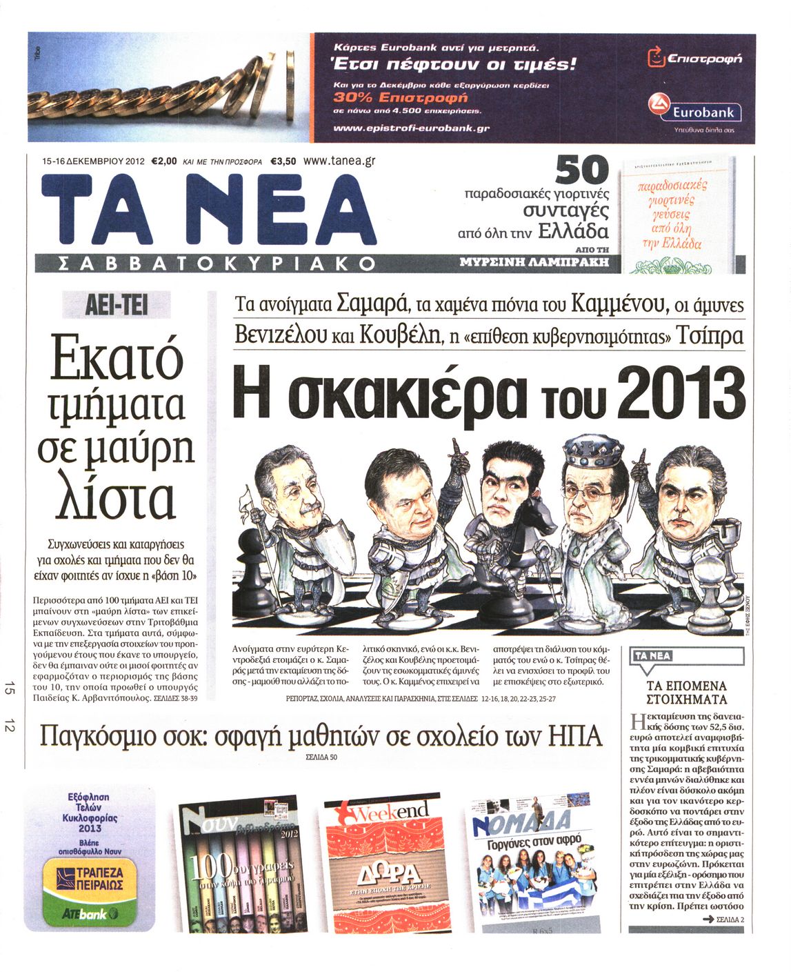 Εξώφυλο εφημερίδας ΤΑ ΝΕΑ 2012-12-15