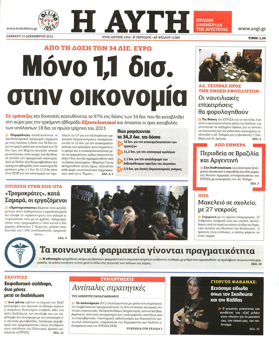 Εξώφυλο εφημερίδας ΑΥΓΗ 2012-12-15