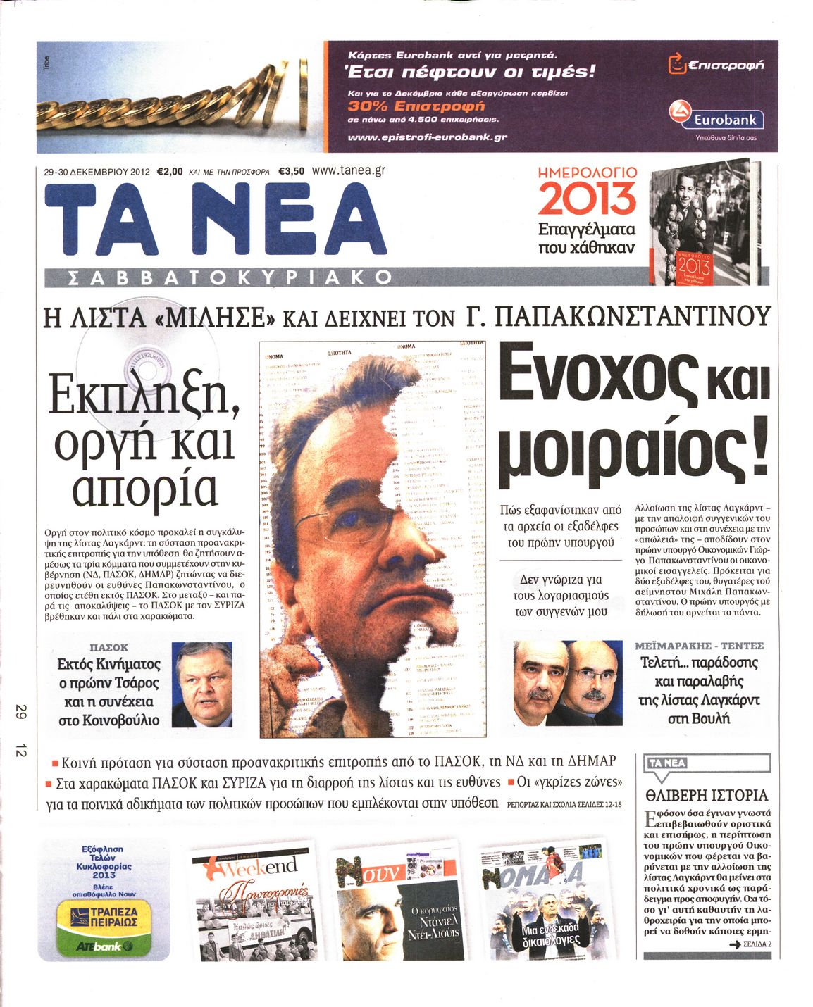 Εξώφυλο εφημερίδας ΤΑ ΝΕΑ 2012-12-29