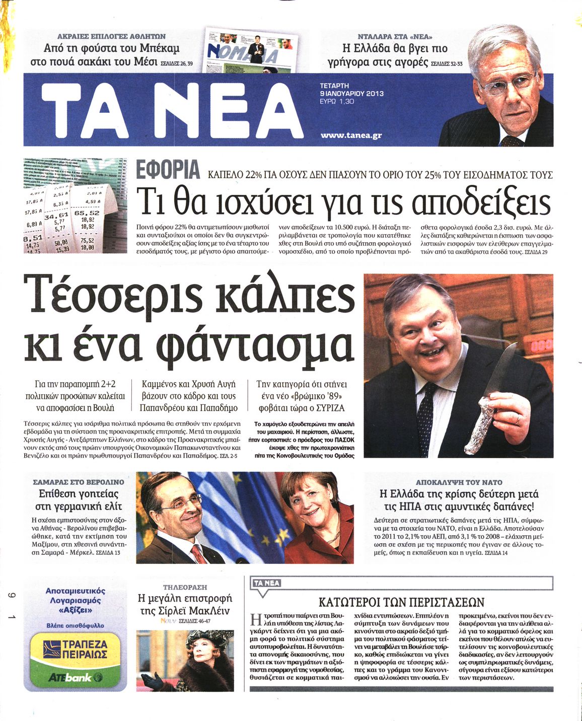 Εξώφυλο εφημερίδας ΤΑ ΝΕΑ 2013-01-09