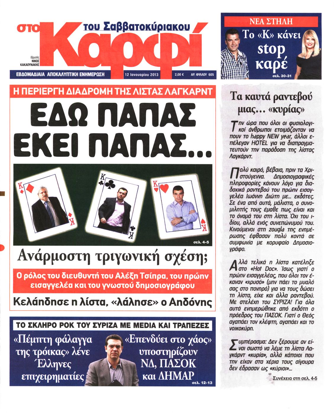 Εξώφυλο εφημερίδας ΚΑΡΦΙ 2013-01-12