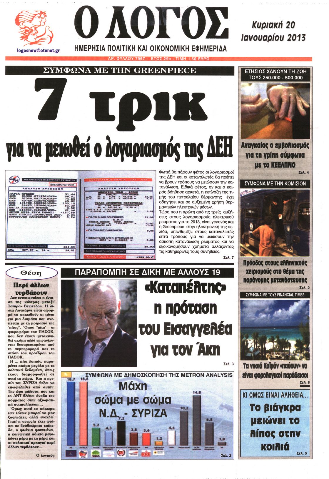 Εξώφυλο εφημερίδας Ο ΛΟΓΟΣ 2013-01-20