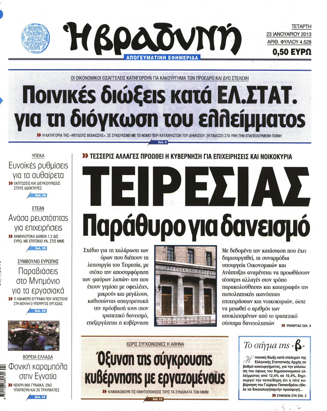Εξώφυλο εφημερίδας ΒΡΑΔΥΝΗ 2013-01-23