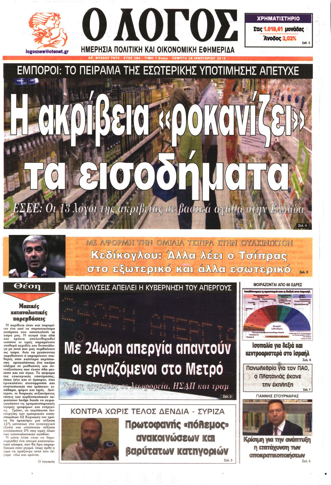 Εξώφυλο εφημερίδας Ο ΛΟΓΟΣ 2013-01-24