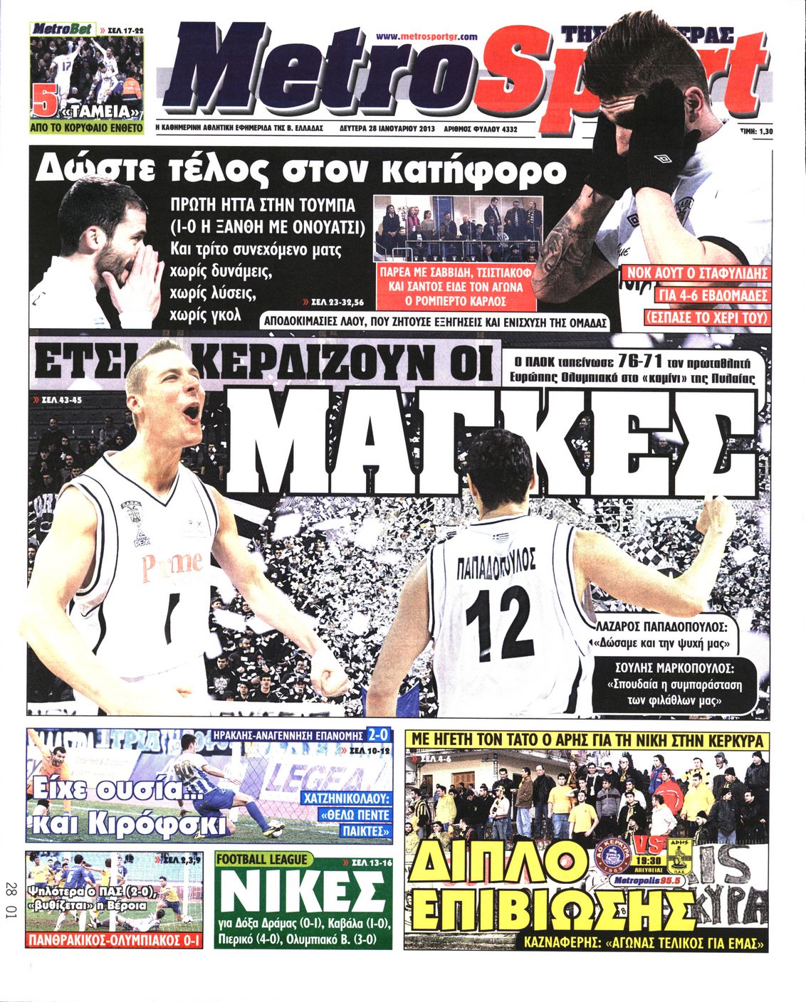 Εξώφυλο εφημερίδας METROSPORT 2013-01-28