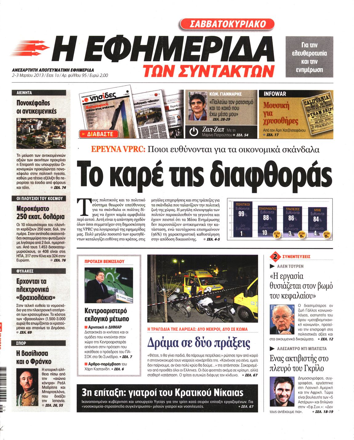Εξώφυλο εφημερίδας ΤΩΝ ΣΥΝΤΑΚΤΩΝ 2013-03-02
