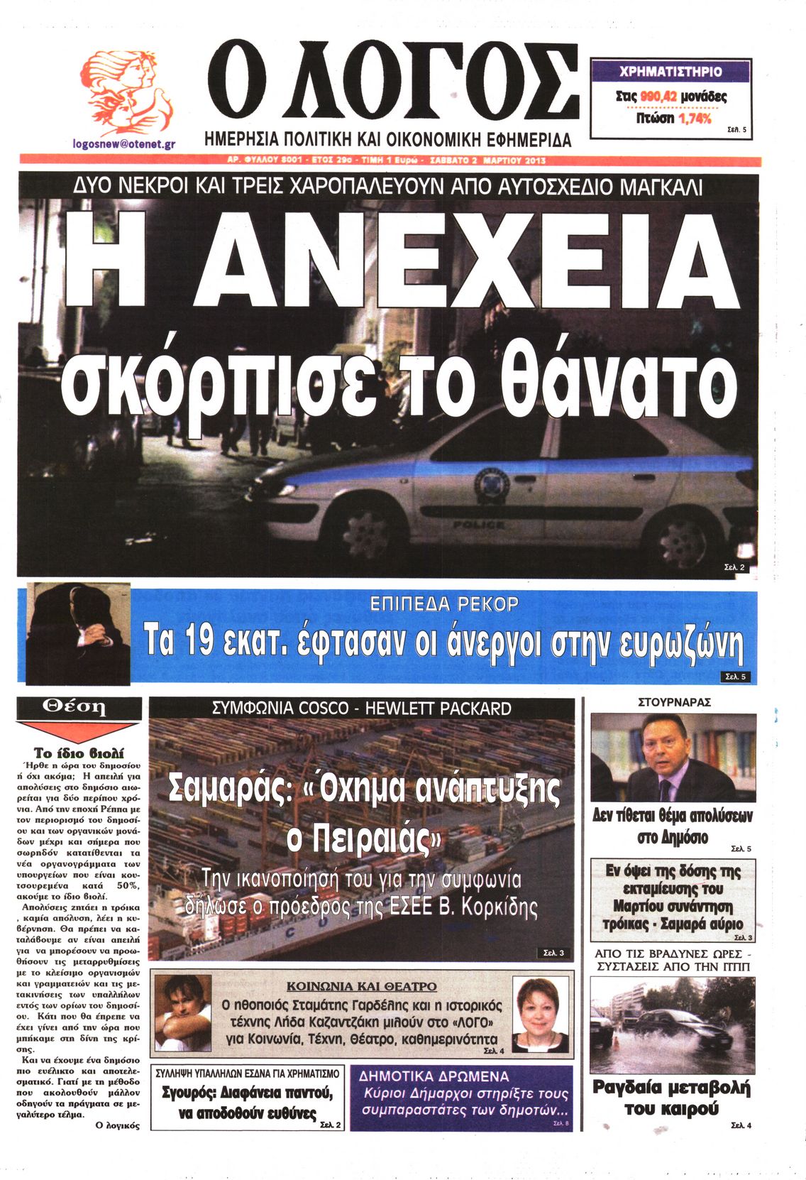 Εξώφυλο εφημερίδας Ο ΛΟΓΟΣ 2013-03-02