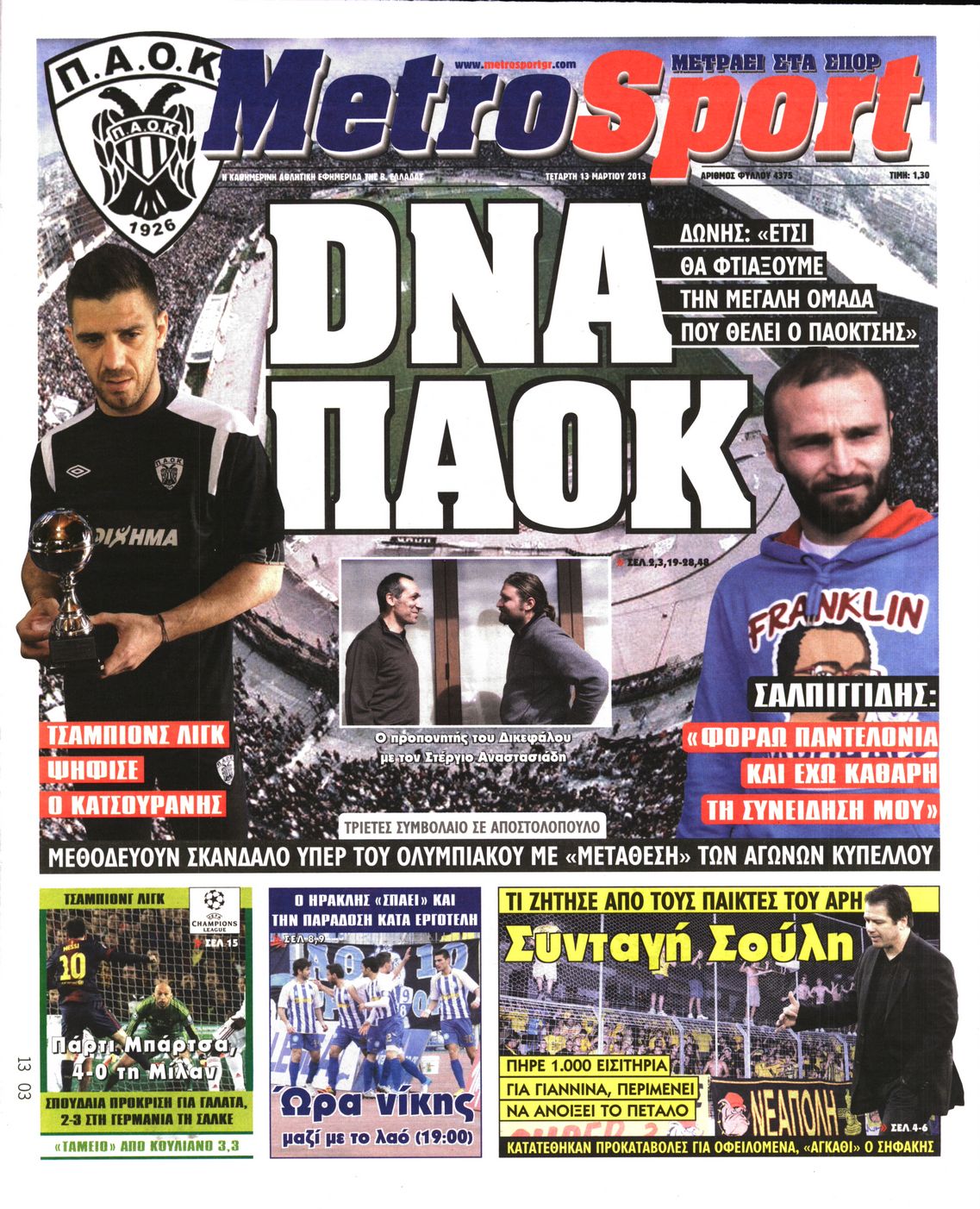 Εξώφυλο εφημερίδας METROSPORT 2013-03-13