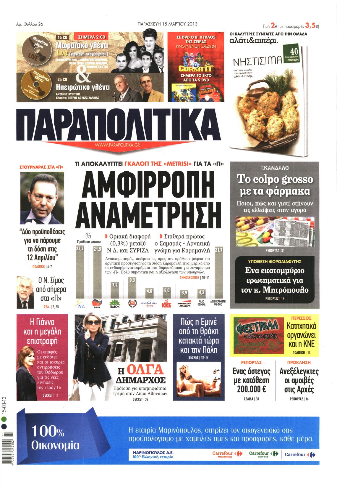Εξώφυλο εφημερίδας ΠΑΡΑΠΟΛΙΤΙΚΑ 2013-03-15