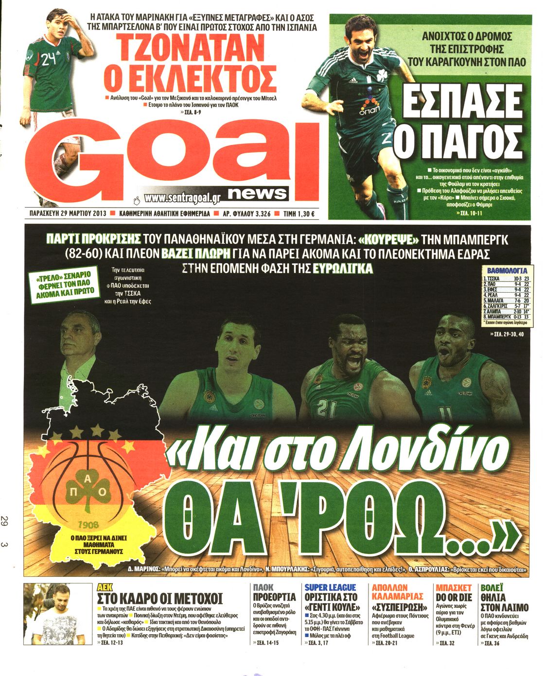 Εξώφυλο εφημερίδας GOAL 2013-03-29