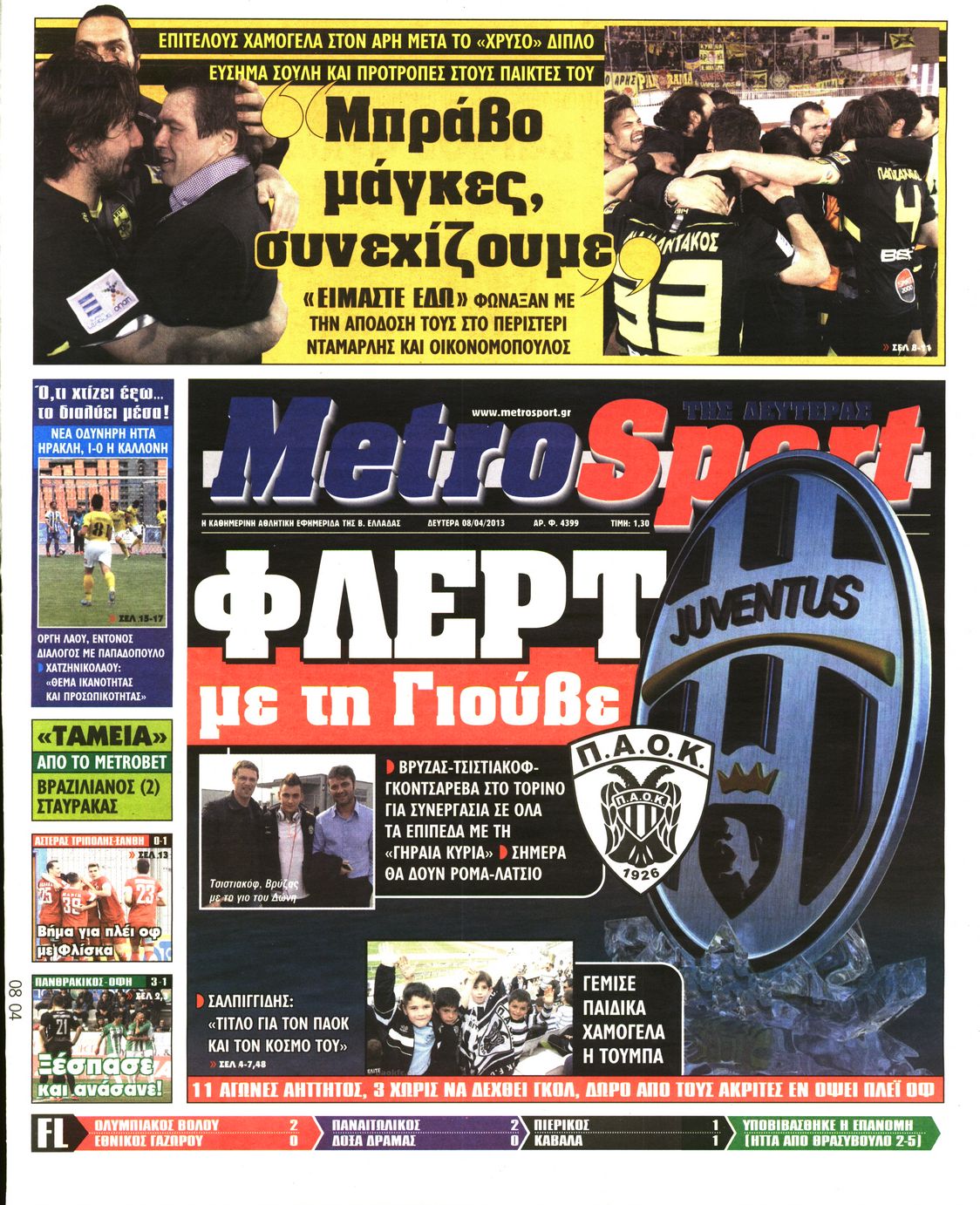 Εξώφυλο εφημερίδας METROSPORT 2013-04-08