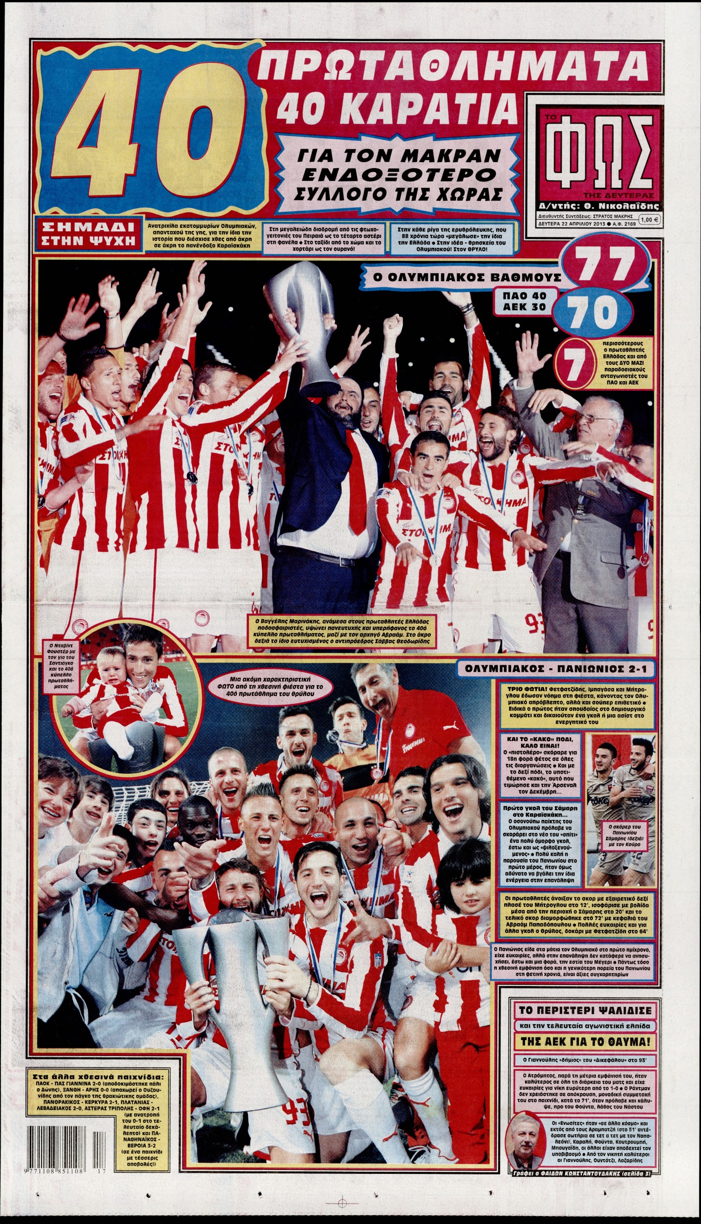 Εξώφυλο εφημερίδας ΦΩΣ ΤΩΝ ΣΠΟΡ 2013-04-22