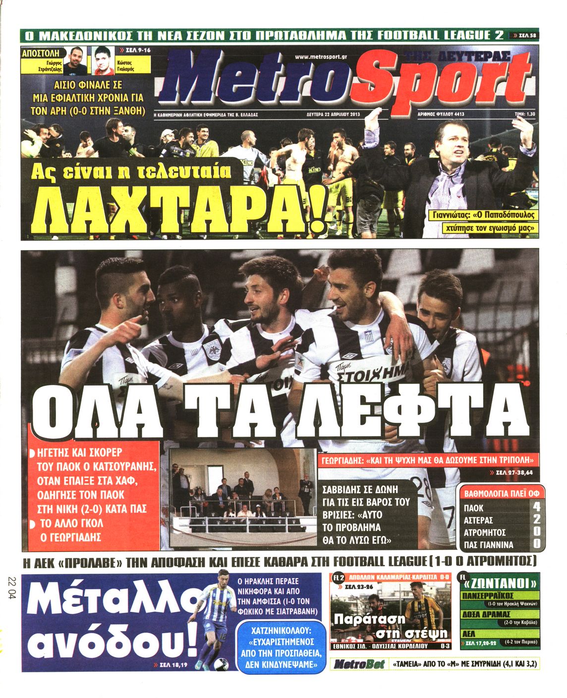 Εξώφυλο εφημερίδας METROSPORT 2013-04-22