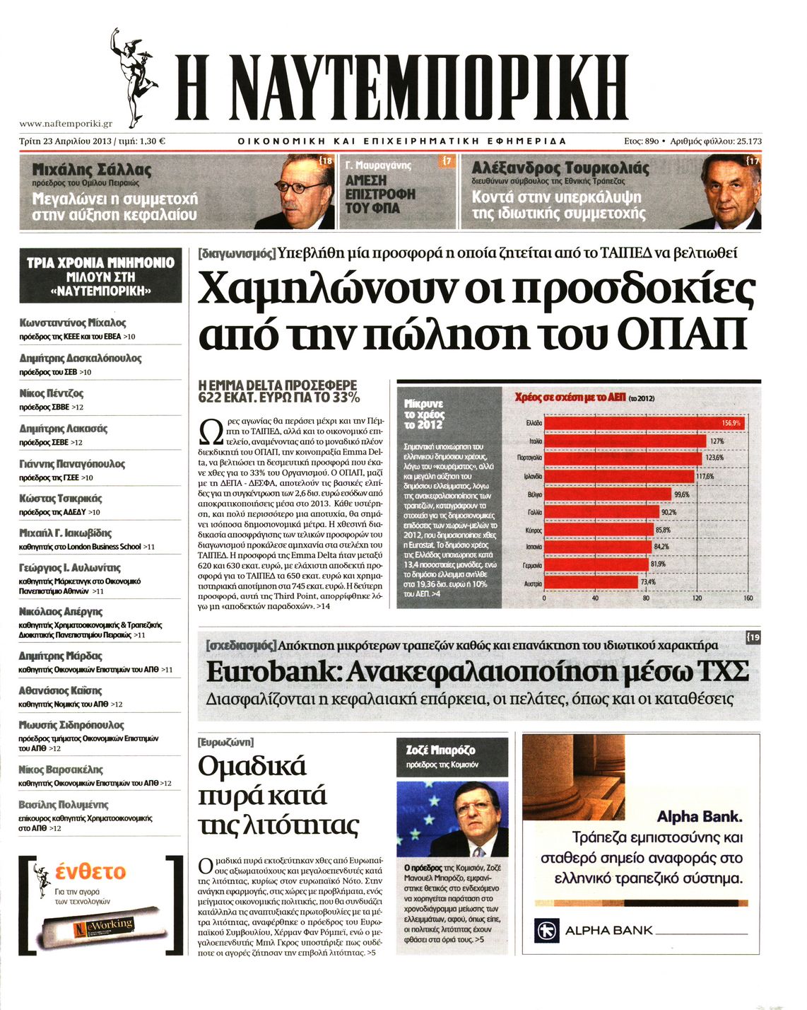 Εξώφυλο εφημερίδας ΝΑΥΤΕΜΠΟΡΙΚΗ 2013-04-23