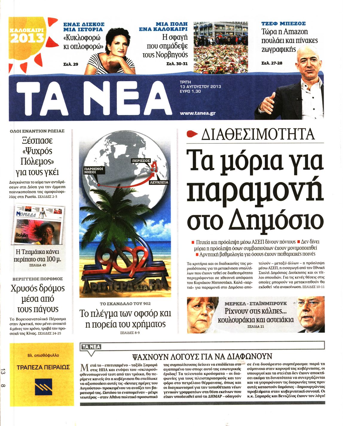 Εξώφυλο εφημερίδας ΤΑ ΝΕΑ 2013-08-13