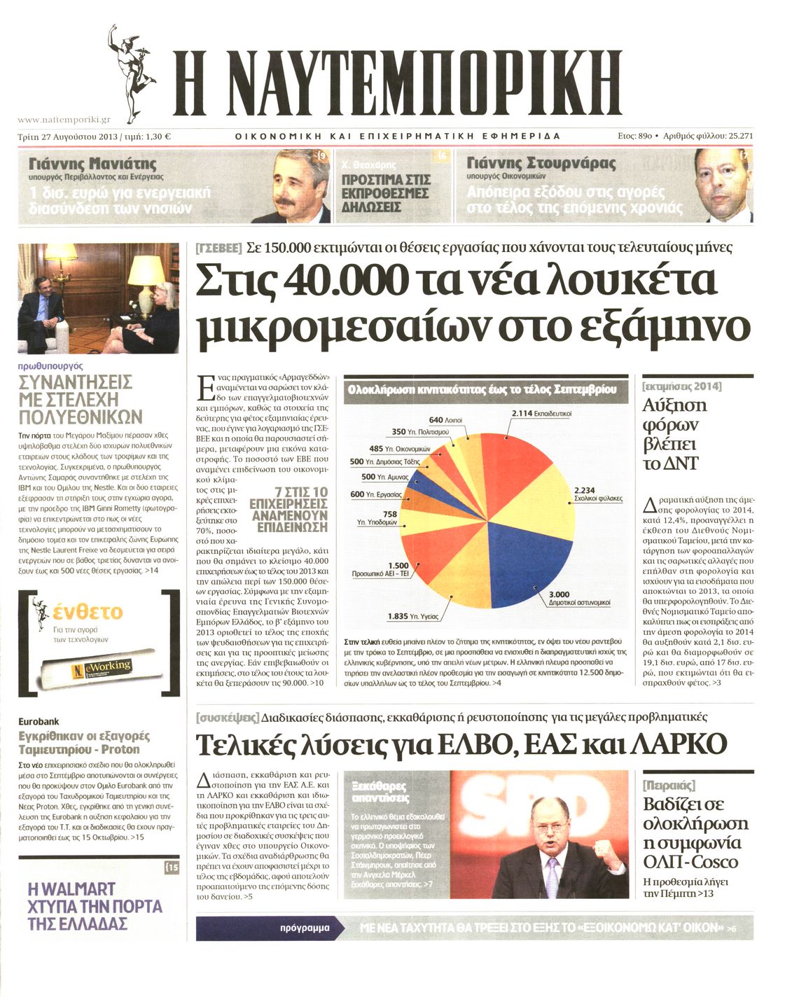 Εξώφυλο εφημερίδας ΝΑΥΤΕΜΠΟΡΙΚΗ 2013-08-27