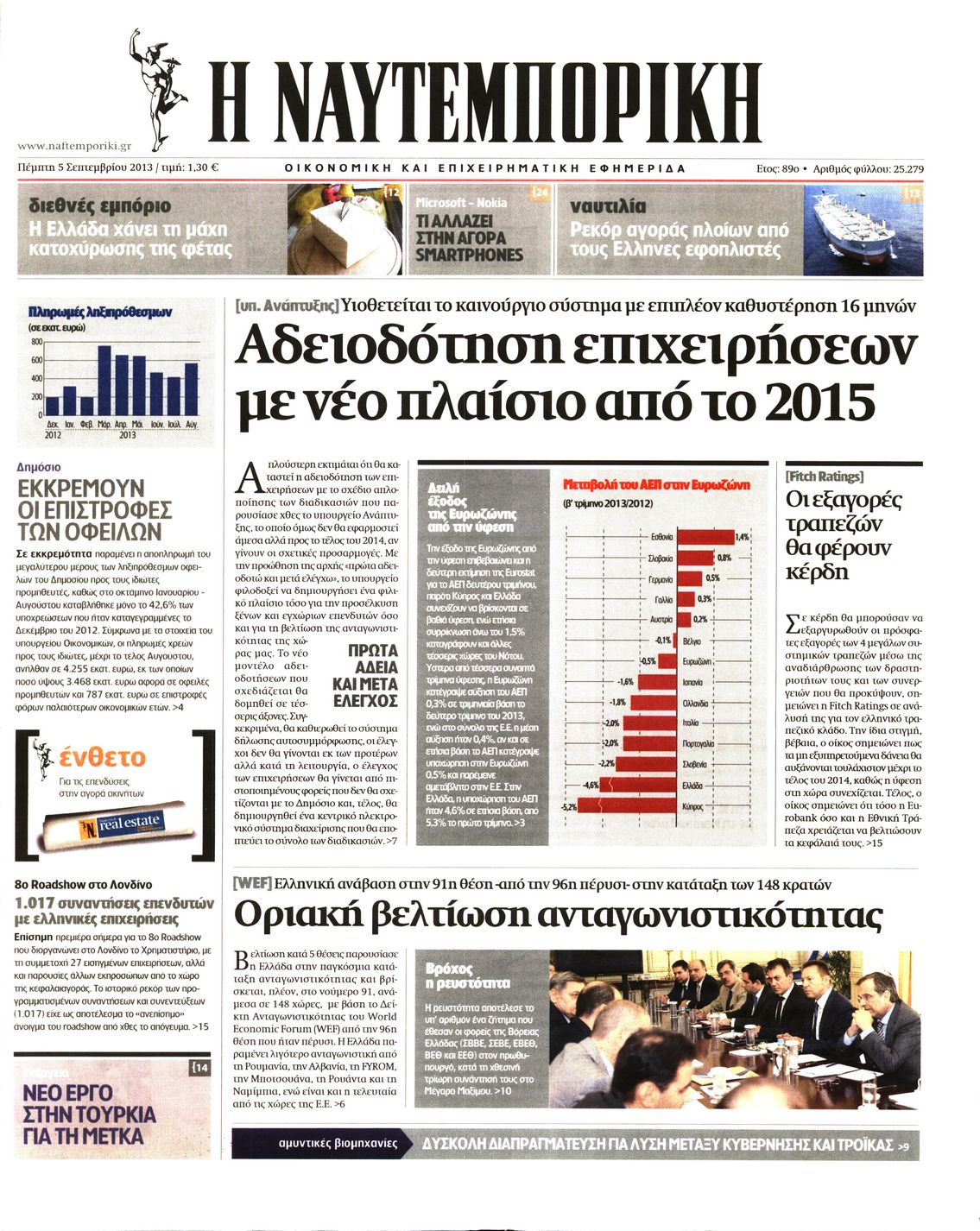 Εξώφυλο εφημερίδας ΝΑΥΤΕΜΠΟΡΙΚΗ 2013-09-05