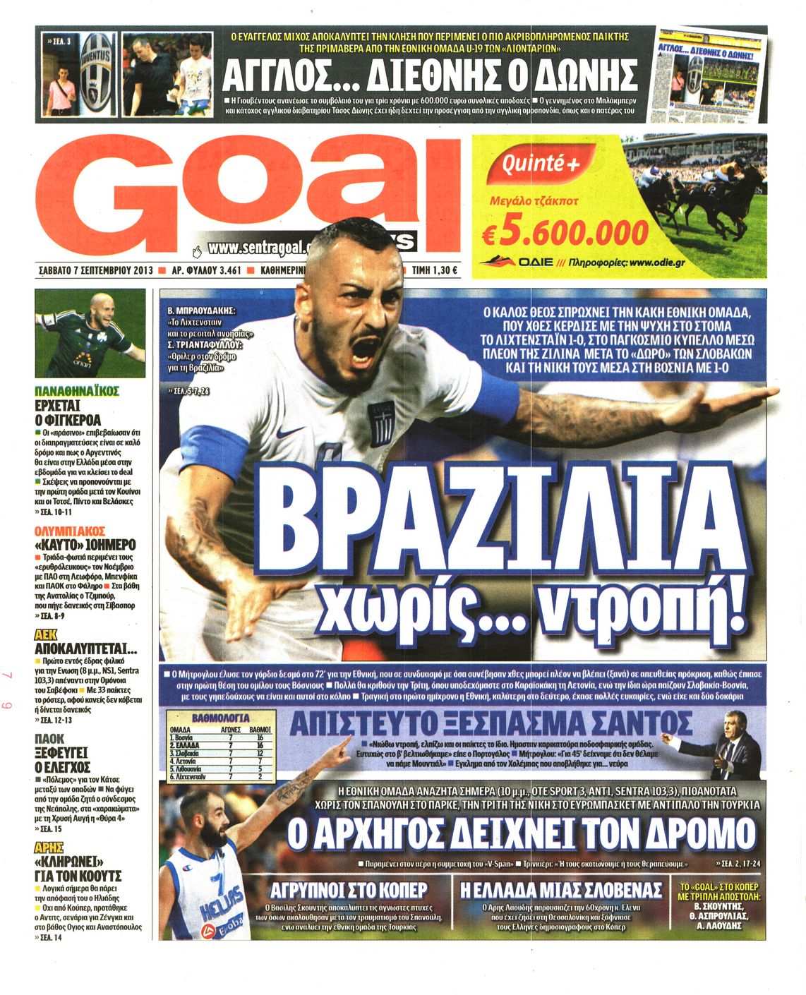 Εξώφυλο εφημερίδας GOAL 2013-09-07
