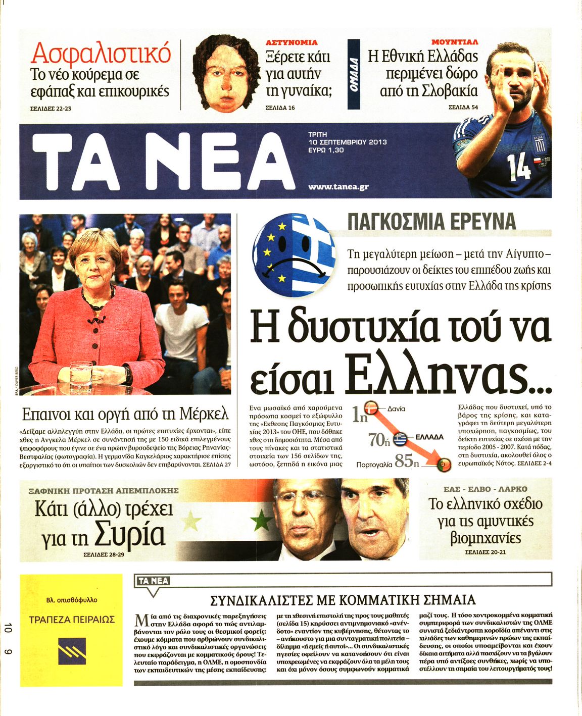 Εξώφυλο εφημερίδας ΤΑ ΝΕΑ 2013-09-10