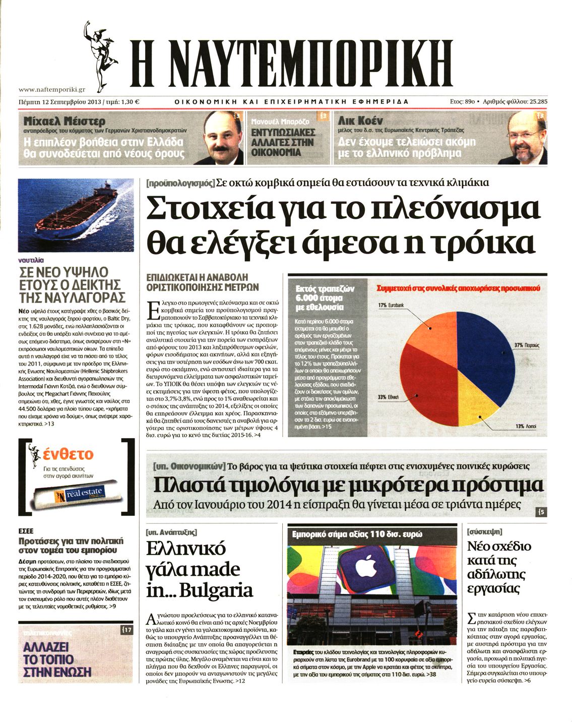 Εξώφυλο εφημερίδας ΝΑΥΤΕΜΠΟΡΙΚΗ 2013-09-12
