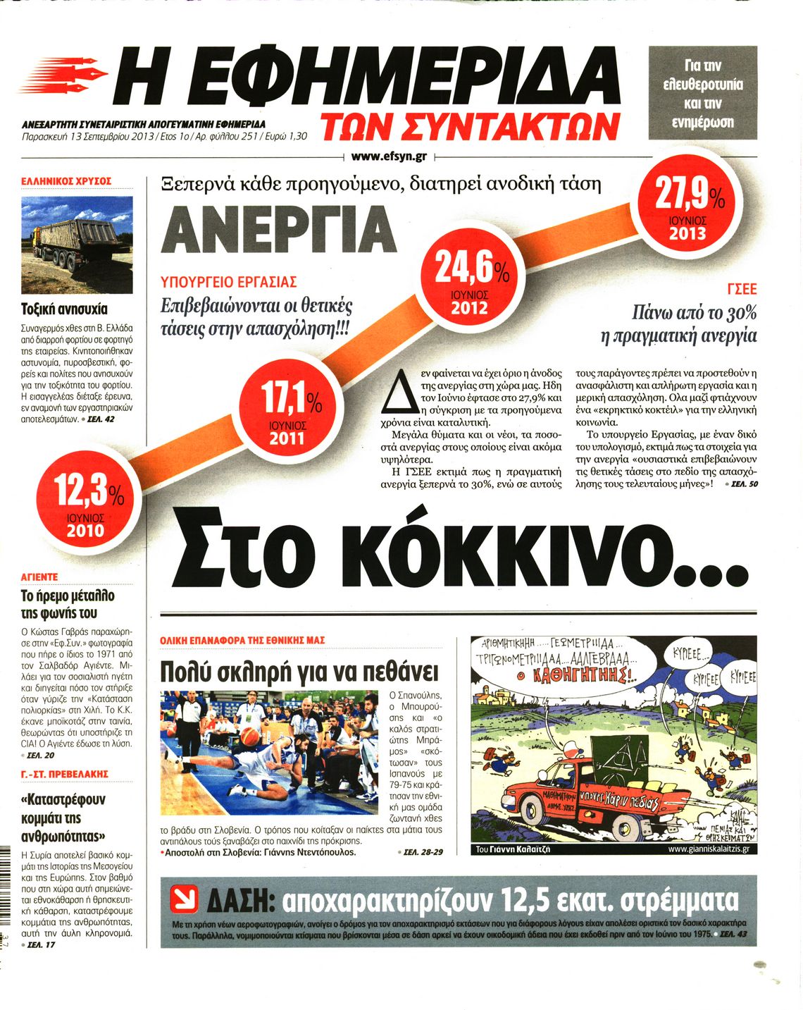 Εξώφυλο εφημερίδας ΤΩΝ ΣΥΝΤΑΚΤΩΝ 2013-09-13