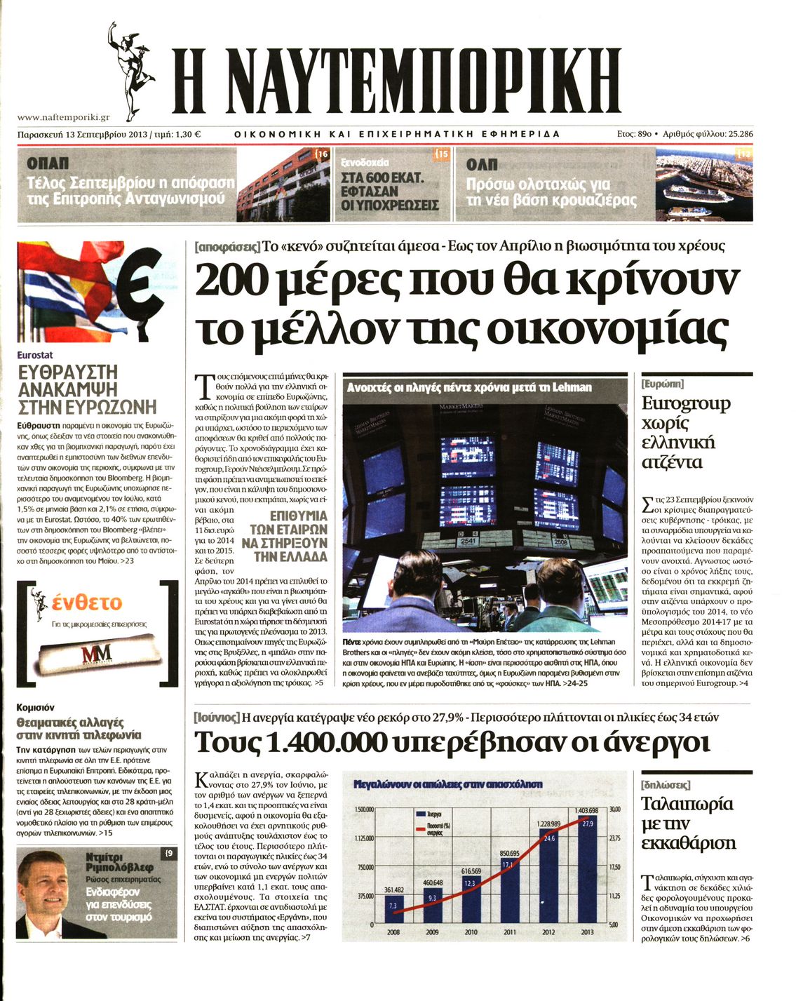 Εξώφυλο εφημερίδας ΝΑΥΤΕΜΠΟΡΙΚΗ 2013-09-13